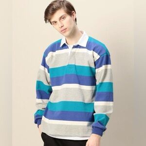 Barbarian long-sleeve rugby shirt in a blue, turquoise, purple, and gray